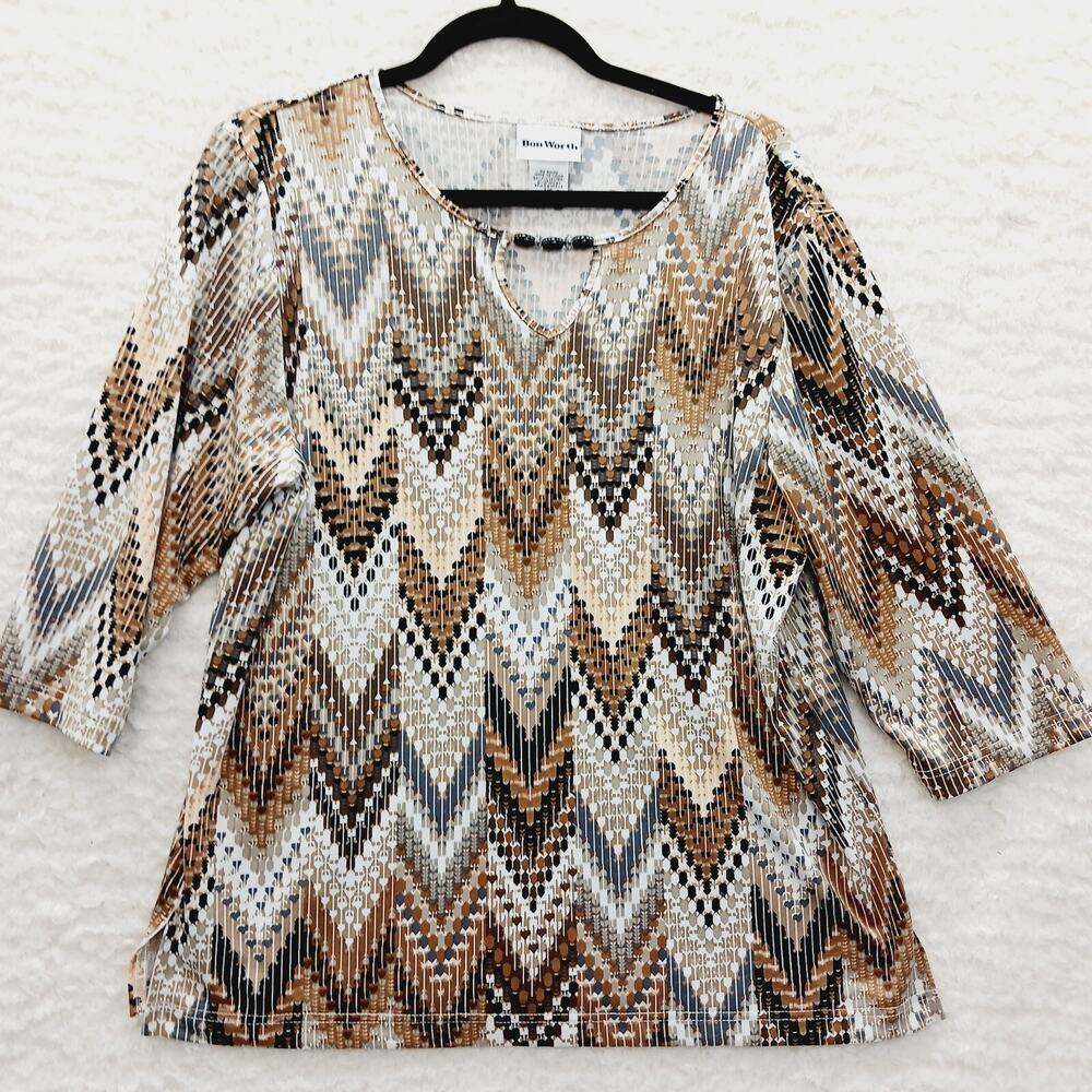 Blouse T-shirt Brown Chevron Geometric Beaded Neckline Glam Boho Art Size MP